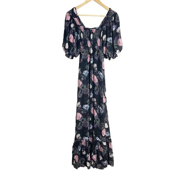 Nicholas Black Floral Silk Square Neck Smocked Maxi Dress Size 0 - Picture 3 of 15